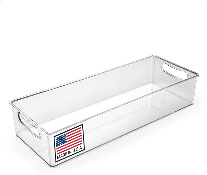 Pikanty - 15-Inch Refrigerator Organizer Bin with Handles - Clear Plastic Storage for Fridge, Pantry, or Countertop - Dishwasher Safe - Made in the USA