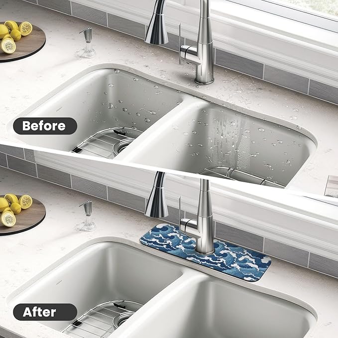 Japanese Wave Kanagawa Blue And White Waves Japan Kitchen Sink Splash Guard Faucet Mat Super Absorbent Fast Drying Mat Sink Gadgets-Fast Drying Pad Sink Mat For Kitchen Bathroom (15" X 5.5" )