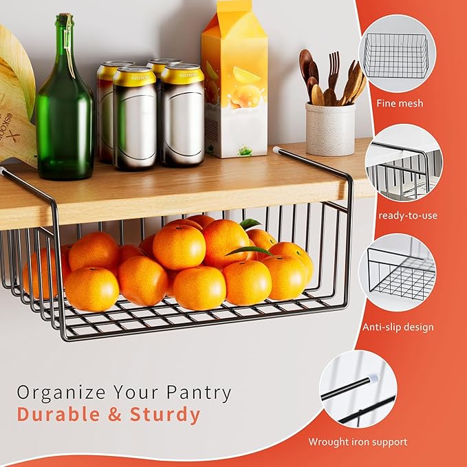 SUFAUY 4-Pack Under Cabinet Shelf Basket, Wire Shelves for Storage Holds up to 22lbs for Kitchen Pantry, Black