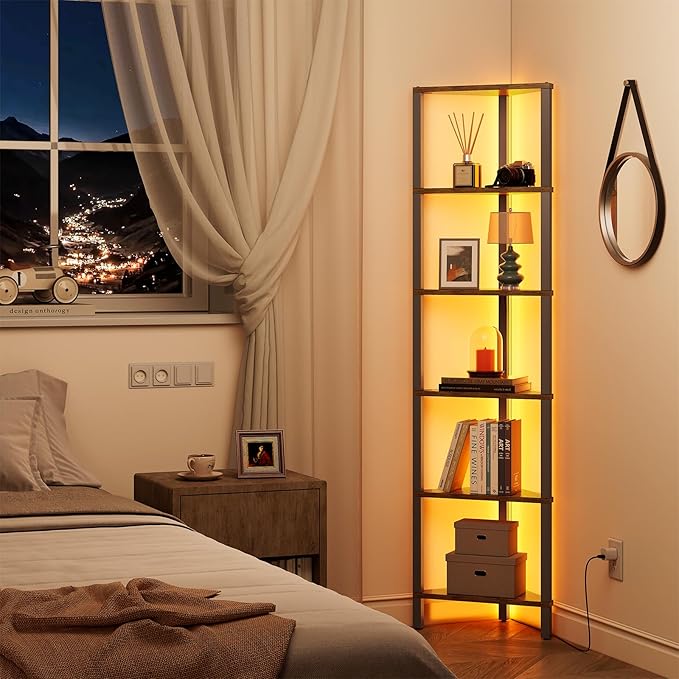 TUTOTAK Corner Shelf with LED Light, 6-Tier Corner Bookshelf for Small Space, Narrow Display Corner Shelf Stand with Storage Rack, for Living Room, Bedroom, Rustic Brown BS05BB006L