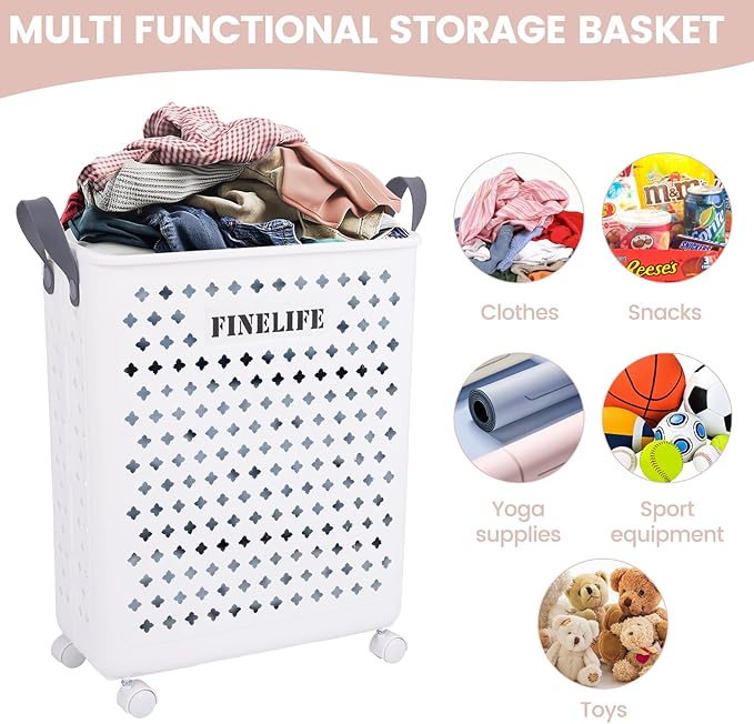 45L Collapsible Laundry Basket with Wheels and Handle, Plastic Foldable Laundry Hamper, Versatile Portable Storage Basket, Space Saving Dirty Clothes Laundry Hamper for Laundry and Bathroom