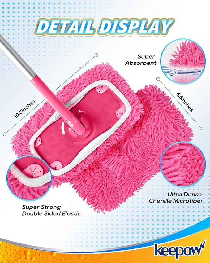Keepow 8 Pack Reusable Mop Pads Compatible with Swiffer Sweeper, Chenille Mop Refill Pads, Dry & Wet Mopping Cloths for Floor Cleaning -Pink
