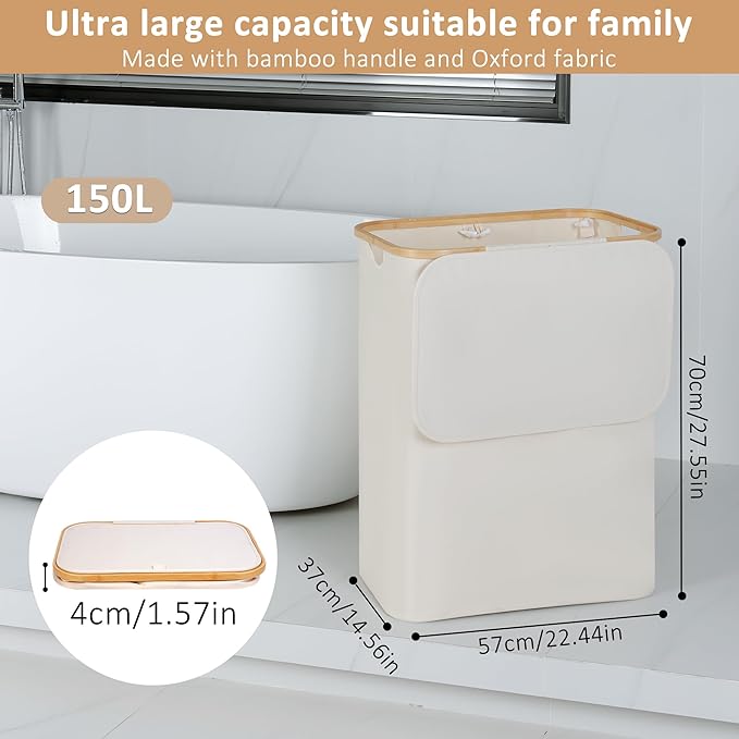 150L Laundry Basket with Lid, Large Laundry Hamper with Bamboo Handle, Collapsible Dirty Clothes Hamper Organizer with 2 Removable Inner Bags for Clothes Toys Towels - Beige