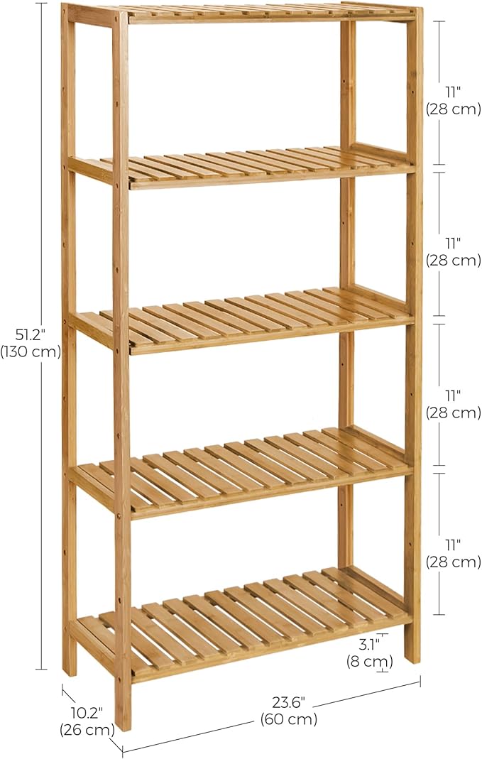 SONGMICS Bamboo Storage Shelf, 5-Tier Shelving Unit, Multifunctional, in The Entryway, Bathroom, Living Room, Balcony, Kitchen, 10.2 x 23.6 x 51.2 Inches, Light Bamboo UBCB35Y