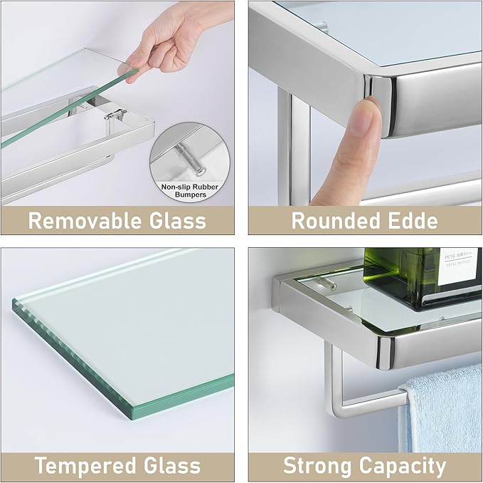 SFGSOWOR Bathroom Shelves Glass Bathroom Shelf with Towel Bar, Floating Shelves for Living Room/Study Room Tempered Glass Rectangular 1 Tier Organizer Wall Shelf (Chrome Polished, 20'')