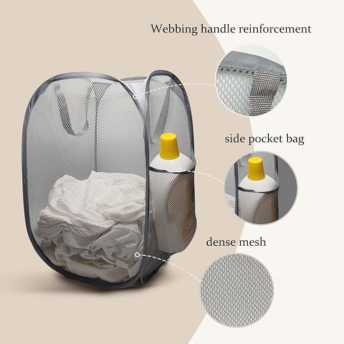 The upgraded pop-up laundry basket features a breathable side pocket mesh design, making it ideal for rooms, apartments, dormitories, travel, business trips, and children's storage(2, Gray)