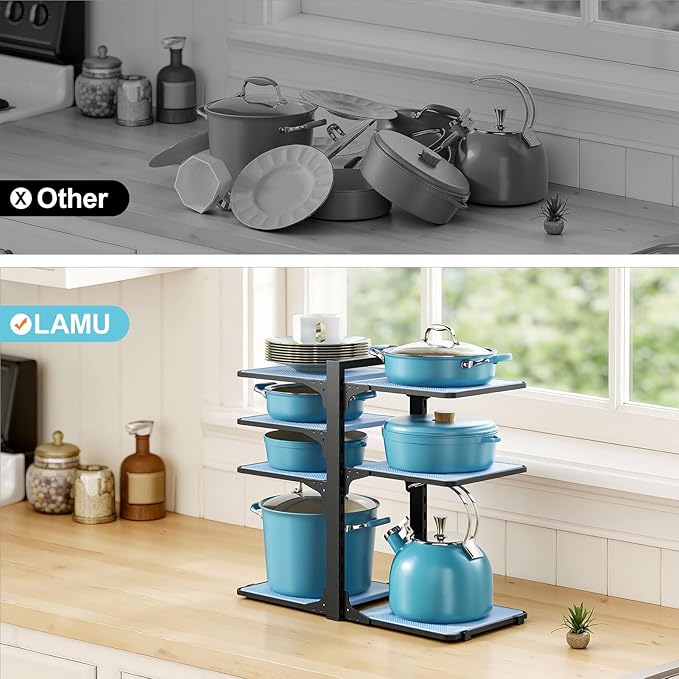 LAMU Pots and Pans Organizer under Cabinet, 8-Tier Heavy Duty Pan Organizers inside Cabinet, Adjustable Pot Rack for Small Kitchen Storage, 15" Height Holds Cast Iron Pans and Skillets Black