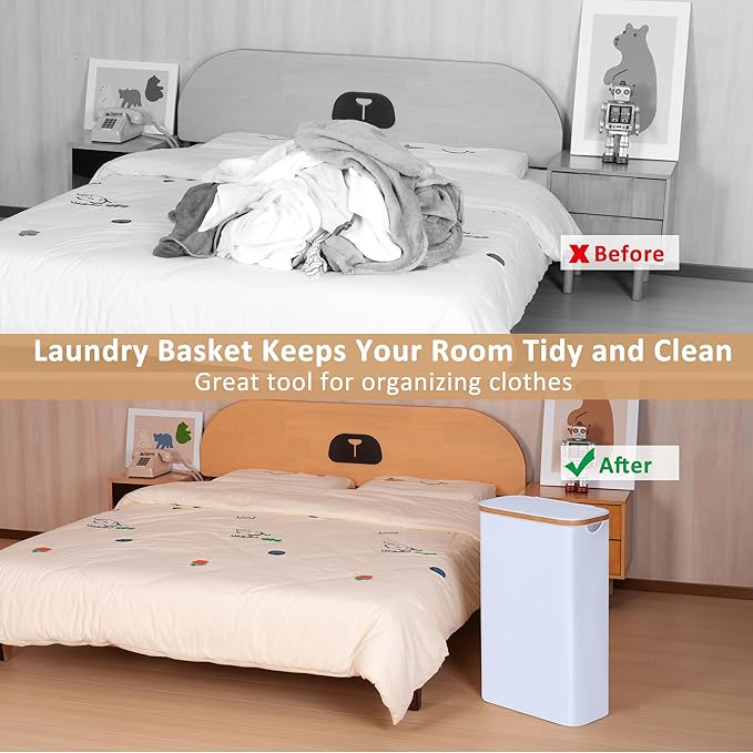 60L Slim Laundry Hamper, Narrow Laundry Basket with Lid,Foldable Clothes Hamper with Bamboo Handles,Hamper Basket with Removable Inner Bag for Laundry Room Bedroom College Dorm,15.85 Gals White