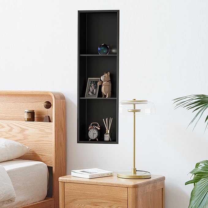 BATHFINESSE Shower Niche 8" X 36" Black, 3 Shelves Wall Niche Stainless Steel Recessed Shower Shelf for Bathroom Storage, No Tile Needed Over Mount Installation