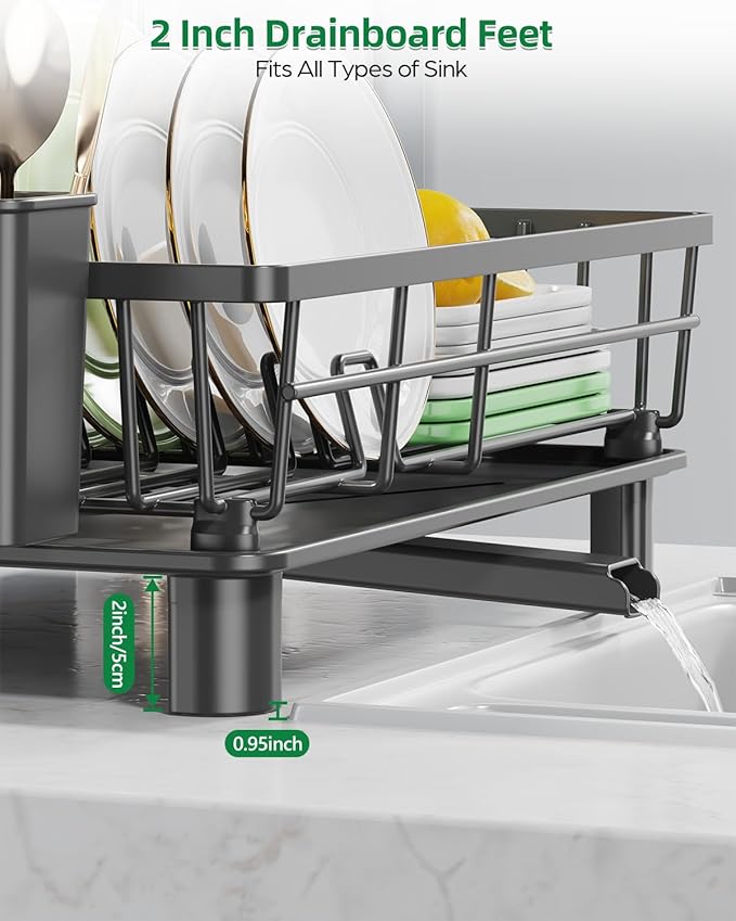Dish Drying Rack, Stainless Steel Drainer Rack with Drainboard with Smart Drainage System, Space Saving Dish Strainer for Kitchen Counter with Cutlery Holder, Black