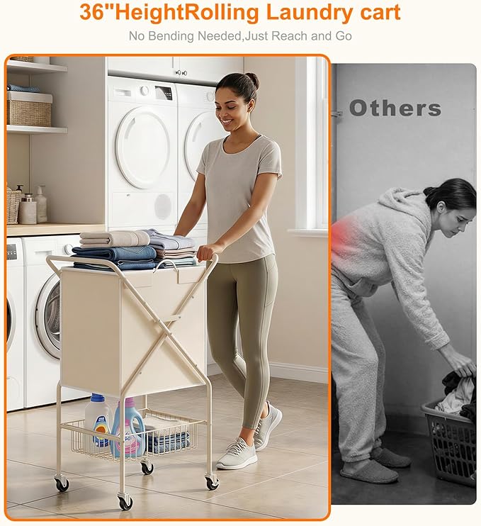 Laundry Basket with Wheels:88L Rolling Laundry Cart Foldable Metal Frame Dirty Clothes Laundry Hamper 36"H 4 Caster 2 Brake Waterproof Removable Liner Carry Handle for Dorm Laundry Room,Cream