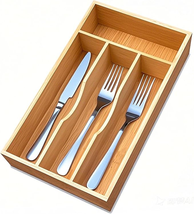 Bamboo Kitchen Drawer Silverware Organizer, 7 Inch Silverware Utensils Tray Holder for Small Drawer, Wood Caddy for Flatware Cutlery Knives 4-Slots