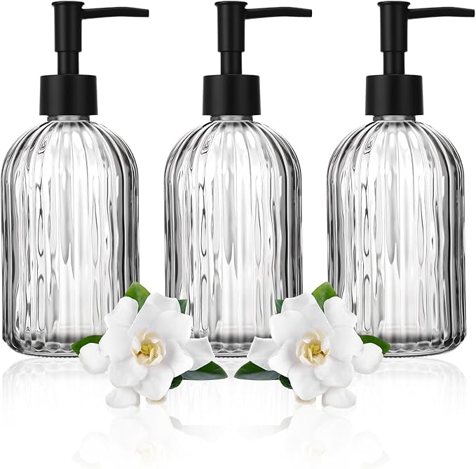 3 Pack Glass Soap Dispenser with Rust Proof Pump, 14 Oz Refillable Liquid Soap Dispenser for Bathroom & Kitchen (Grey)