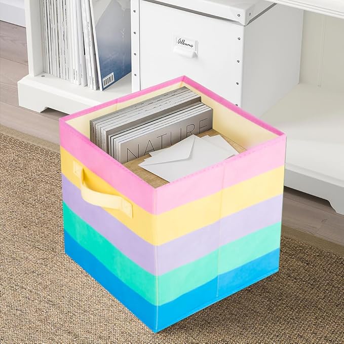 PowerKing Collapsible Storage Cubes with Handles, Fabric Foldable Bins for Closet Shelves, Durable Organization Storage Bins, 10.5'' x 11'' x 10.5'' (2Pack, Rainbow)
