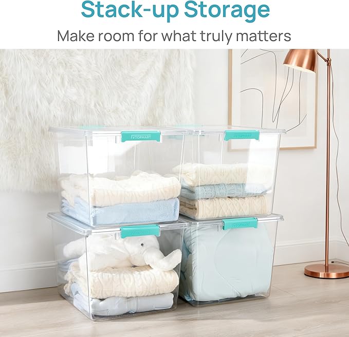 Vtopmart 2 Pack 72 QT Crystal Clear Storage Bins with Lids, 4 Pack Stackable Plastic Large Latching Boxes Totes Tubs Container for Closet Organizers and Storage, Bedroom, Clothes, Toys, Bedding