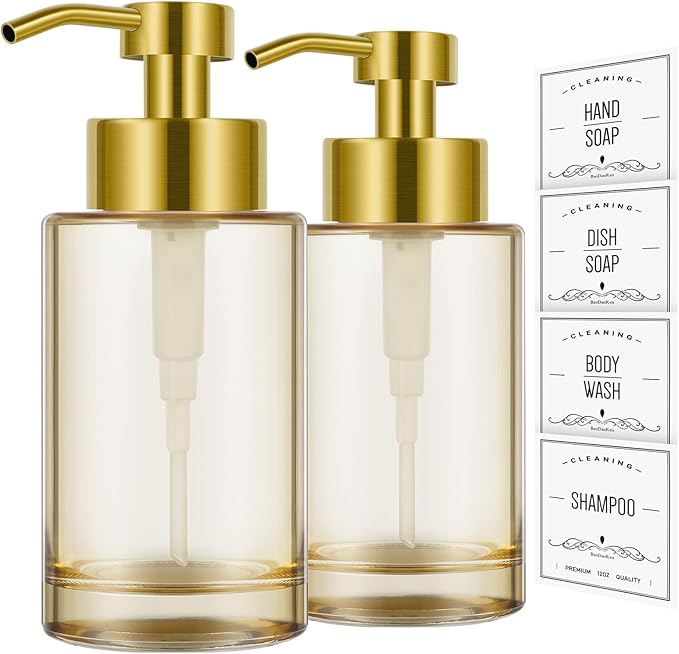 Glass Soap Dispenser with Stainless Steel Pump 2 Pack,12oz Thick Glass Gold Hand Liquid Soap Dispenser for Bathroom & Kitchen