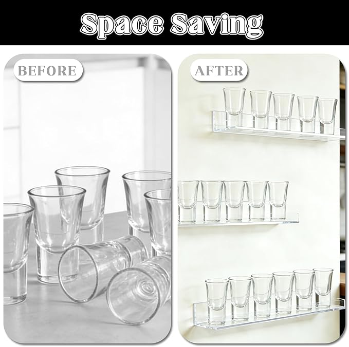 DEDC 3 Pack Shot Glass Display Case for Wall Clear Acrylic Floating Shelves (16.5") for Skincare and Miniatures Secure Kitchen Spice Rack with Side Guard Rails Sleek Wall Holder for Small Bottles