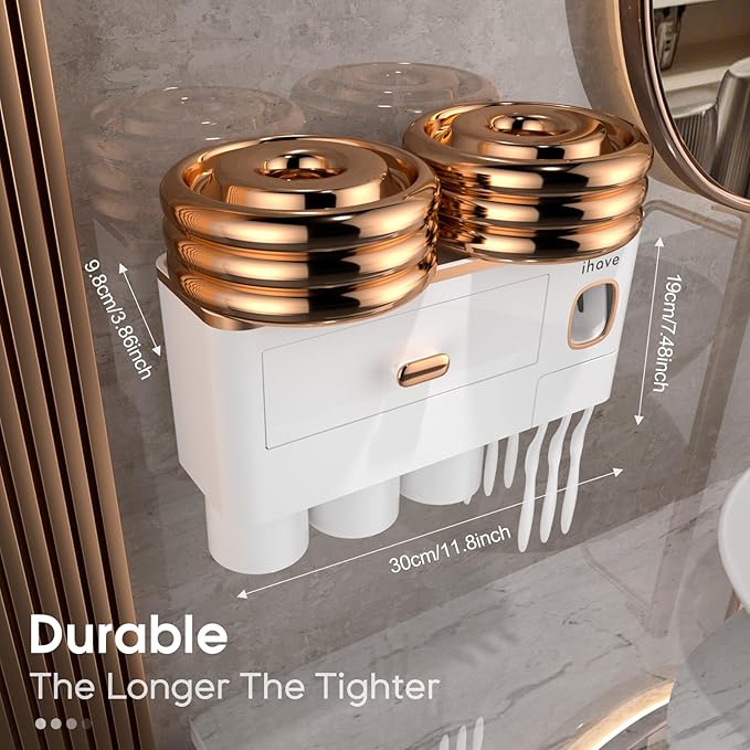 iHave Toothbrush Holders Wall Mounted with Toothpaste Dispenser & 3 Cups - Premium White and Gold Design for Bathroom Decor, All-in-One Bathroom Organizers & Storage for Toothbrushes and Accessories
