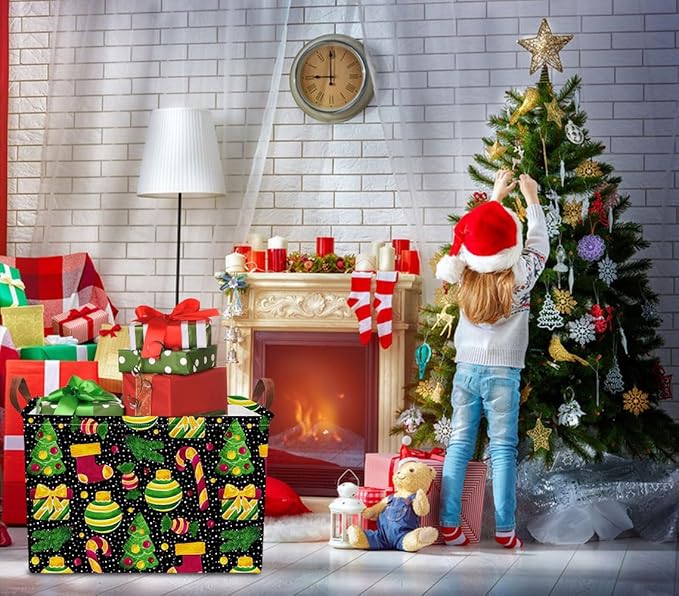 Rectangular Storage Basket Empty,Storage Bin with Handles,Room Decor,Gift Basket,Book Box(Black Christmas)