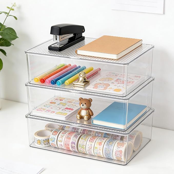 Set of 3 Small Stackable Storage Bins with Hinged Lid, Clear Acrylic Organizer Boxes for Makeup, Cosmetics, Home and Office Supplies Storage