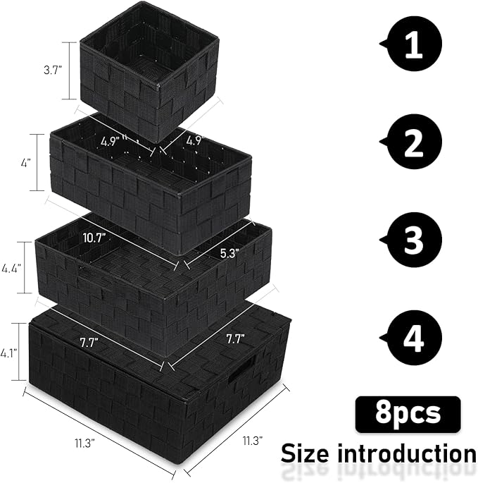 Woven Storage Bins with Lids, Set of 8, Polypropylene Storage Baskets with Metal Frame, Stackable Fabric Boxes for Drawers, Closet, Shelf, Nursery and Office, Black
