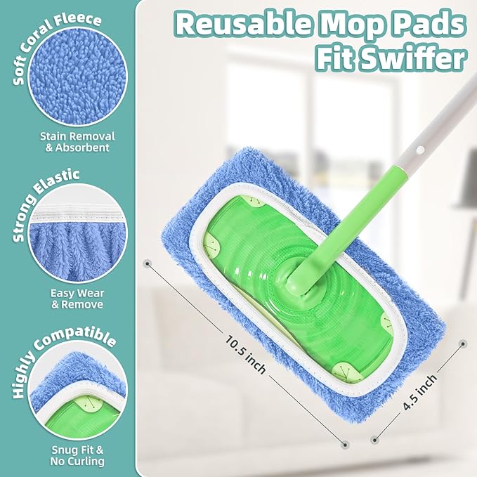 Reusable Mop Pads Compatible with Swiffer Sweeper Mop, Microfiber Dry Sweeping Cloths & Machine Washable Wet Pads Refill for Use on All Sealed Floors - Stone, Hardwood, Laminate & Tile (6 Blue)
