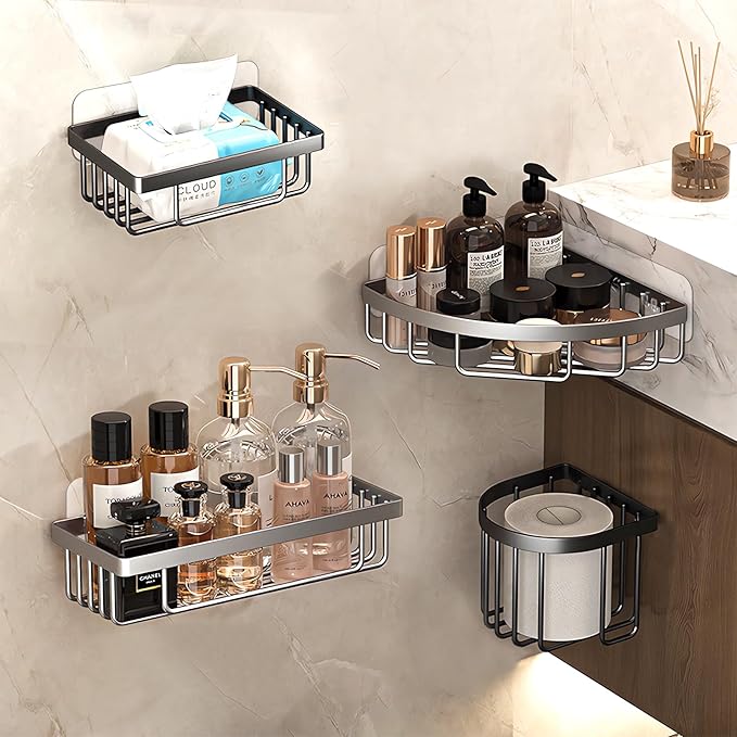 HOREAKHJ 14 Pack Shower Caddy Adhesive Replacement, Strong Adhesive Hooks, Waterproof Shower Adhesive Strips, No Drilling, for Bathroom Storage Shelves and Kitchen Racks