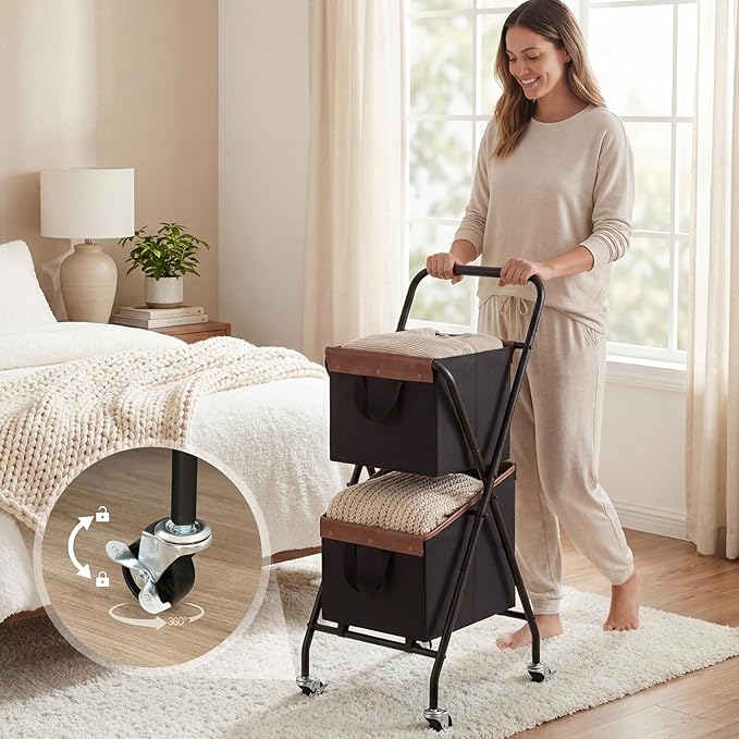 HOOBRO Folding Laundry Cart with Wheels, 17.8 Gal. (67.5 L) Rolling Laundry Hamper, 2 Section Clothes Basket with Metal Frame & Canvas Liner for Small Narrow Space, Black and Brown BB23XY01