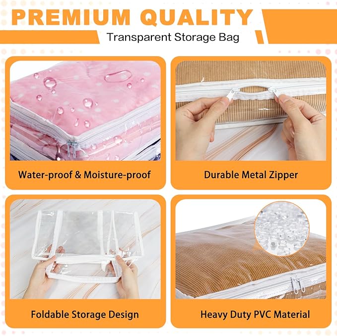 Clear Zippered Storage Bags Plastic Sweater Storage Bags with Zipper 6 Packs Clothing Organizer for Blankets Linen Sweater Bed Sheet Quilt Clothes Pillow (10.5 x 10.5 x 2.5 Inch)