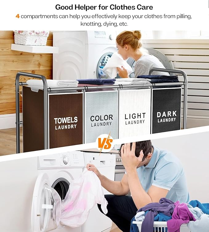 ROMOON Laundry Hamper Sorter Cart: 4-Section Organizer with Heavy-Duty Lockable Wheels and Removable Bags | 172L Rolling Laundry Basket for Dirty Clothes in Laundry Room or Small Spaces (Multicolor)