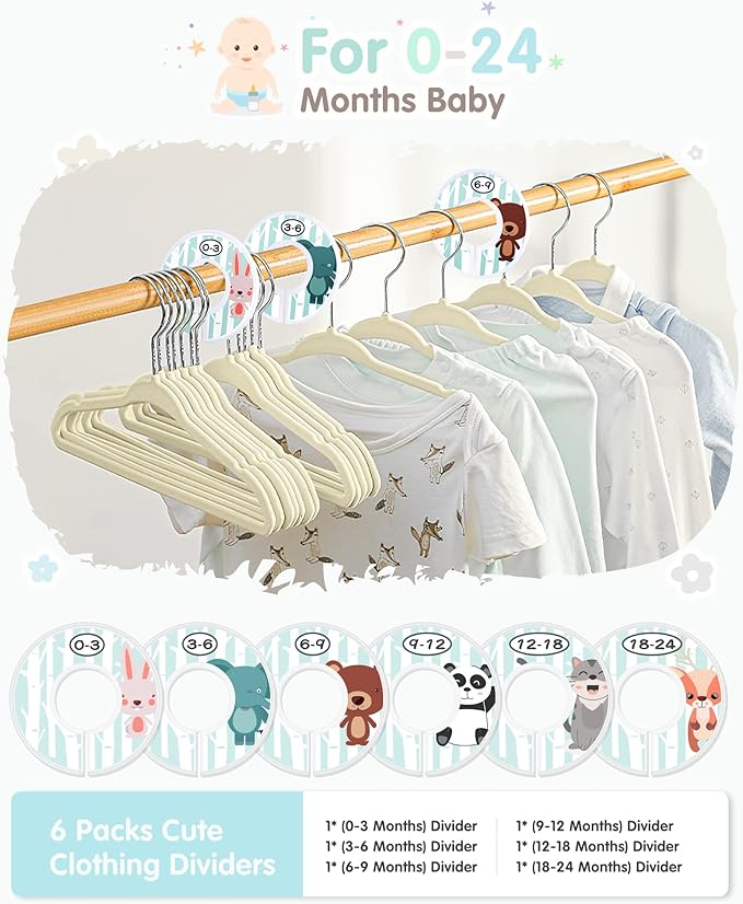 VIS'V Baby Hangers, 11 Inch Velvet Kids Hangers with 6 Pcs Clothes Size Dividers, Infant Toddler Nursery Closet Organization, Non Slip, Beige, 50 Pcs