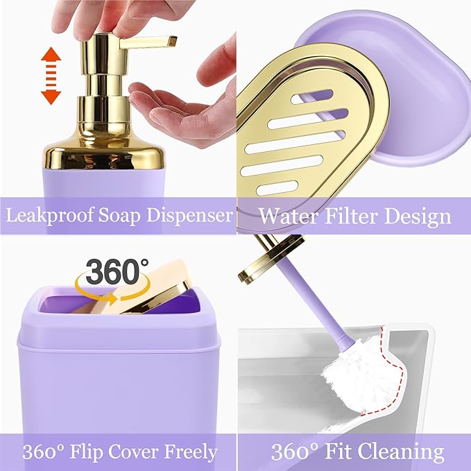 Bathroom Set - Purple Bathroom Sets with Shower Curtain and Rugs, 24PCS Shower Curtain Set with Hooks, Soap Dispenser, Soap Dish, Toilet Brush Holder and Trash Can for Housewarming