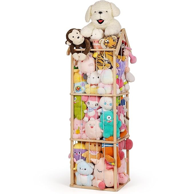 Stuffed Animal Storage, Space Saving Vertical Stuffed Animal Holder Wood, Easy Assembly Cottage-Style Plush Toys Organizer for Kids Bedroom & Playroom (Wood, Large)