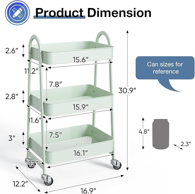 OLIXIS 3 Tier Utility Rolling Cart with Lockable Caster Wheels, Metal Mobile Storage Shelf, Organization for Livingroom, Bathroom & Narrow Places, Pale Green