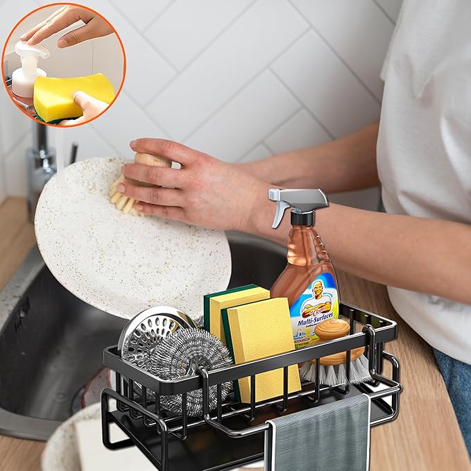 Kitchen Sink Organizer Caddy, Stainless Steel Sink Sponge Holder 30°Tilt Self-Drainage,Sponge Rack with Dish Brush Holder,Soap Dispenser for Kitchen Countertop Storage,9.1x4.1x3.5 Inch