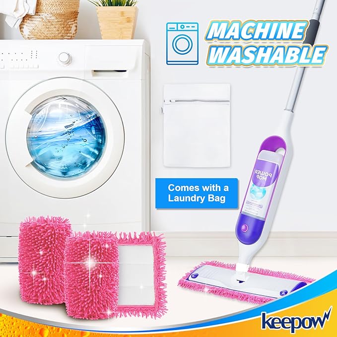 KEEPOW Reusable Microfiber Mop Pads for Swiffer PowerMop, 4 Count, Pink, Machine Washable, Compatible with 13-15 Inch Spray Mop, Multi-Surface Floor Cleaning