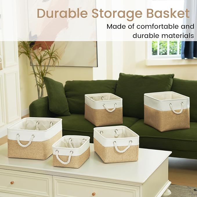 Storage Baskets for Shelves 13.8x9.8x6.7 Inch, Foldable Fabric Storage Bins with Handles, Small Storage Baskets for Organizing Closet, Office, Home Organization (3-Pack, White&Khaki)