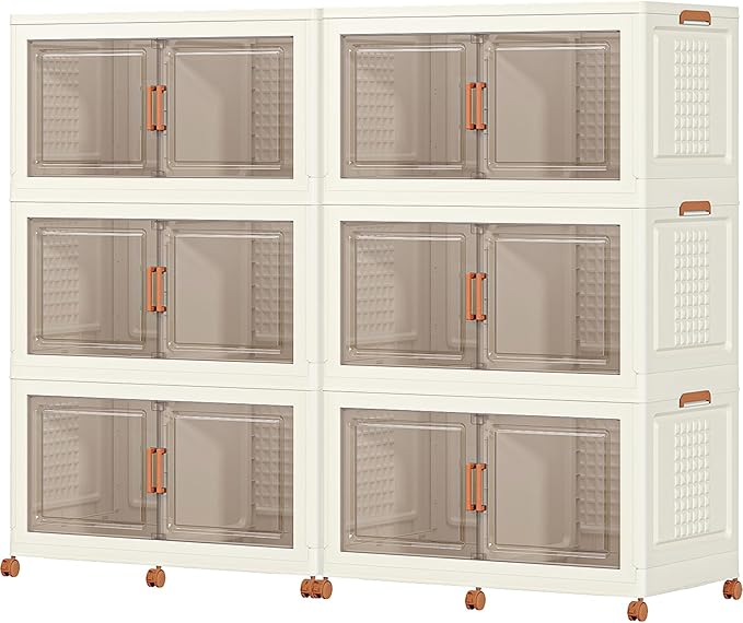JEKO&JEKO 1216Qt Large Foldable Storage Bins with Lids, Stackable Plastic Containers with Dividers & Wheels for Home, Garage & Office, 6-Pack, Cream