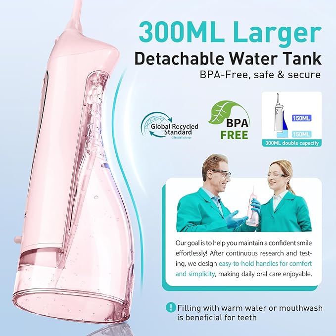 COSLUS Water Dental Flosser Teeth Pick C20(F5020E): Portable Cordless Oral Irrigator 300ML Rechargeable Travel Irrigation Cleaner IPX7 Waterproof Electric Flossing Machine for Teeth Cleaning, Pink