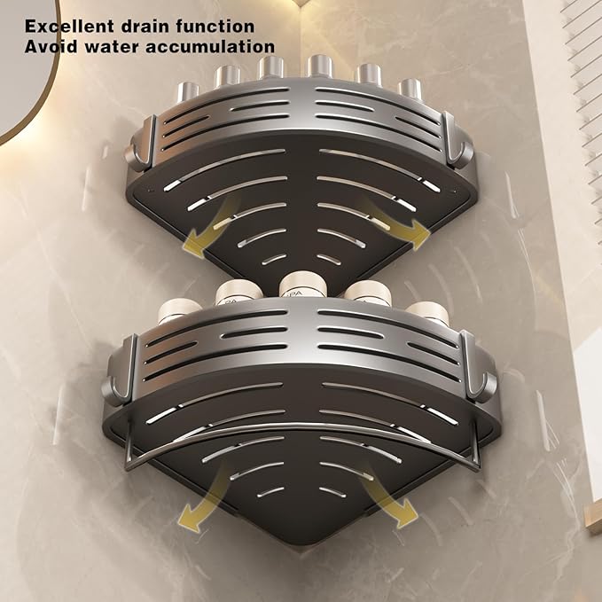 VOLPONE Corner Shower Caddy Adhesive Shower Shelf Corner No Drilling Bathroom Shower Organizer Storage Rack Rust-proof with Towel Bar (2-Pack, Gray)