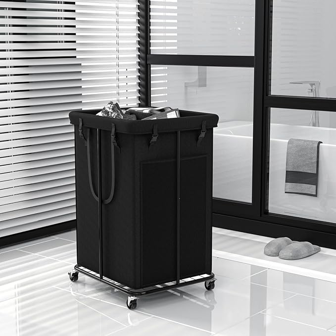 150L Laundry Basket Laundry Hamper with Wheels, Metal & Oxford Fabric Laundry Clothes Hamper, Suitable for Bedroom, Bathroom, Dorm Room, Laundry Room (Dark Black, 150L)