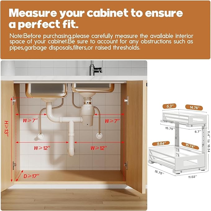 L-Shaped Metal Under Sink Organizer, 2-Tier Double Pull-Out Cabinet Organizer for Kitchen & Bathroom Storage, Height Adjustable, Smooth Cylinder Rail, White, 2 Packs
