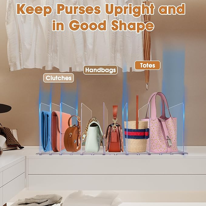 Acrylic Purse Organizer, Purse Storage Rack for Closet Organization, Clear Shelf Divider, Adjustable Clutch Bag Organizer Handbag Dividers Rack, Detachable Separators for Bedroom Bathroom Office