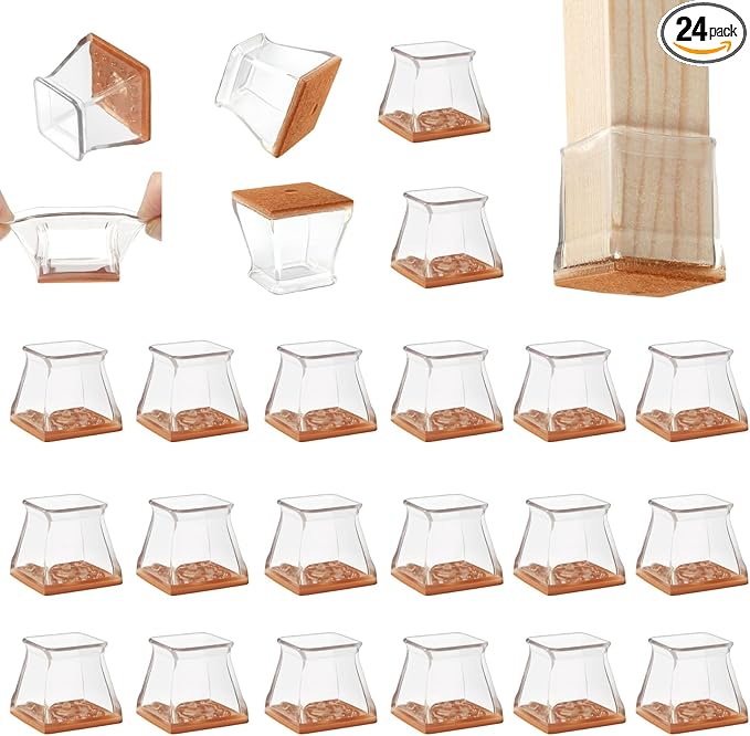 CHUNZEXI 24 Pack Square Chair Leg Floor Protectors for Hardwood Floors, Silicone Felt Covers Pads Caps, Protect Wood Furniture Feet Floors Noise Reduce and Scratch (Square Large & Clear)
