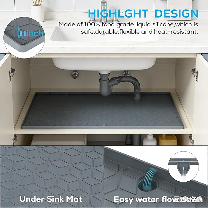 Under Sink Mats 14"x22" for Kitchen, Silicone Waterproof Liner, Sink Silicone Tray with Drain Hole, Storage and Organizers, Cabinet and Counter Protector,Litter Mat, Pet Cat Puppy Essentials