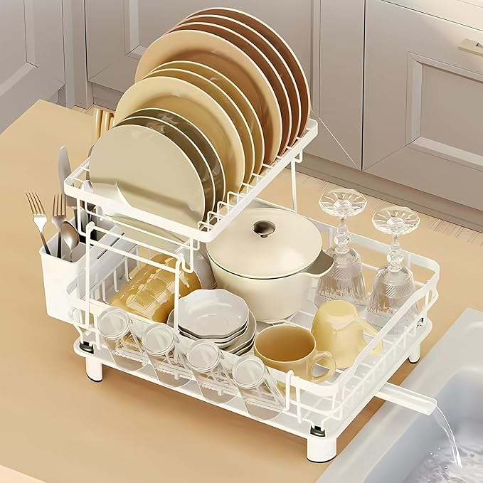 Small 2 Tier Dish Drying Rack, Space Saving Dish Racks for Kitchen Counter, Kitchen Organizer Dish Drainer with Cutlery Holder for Spoons and Forks, 11''W x 15''L, White