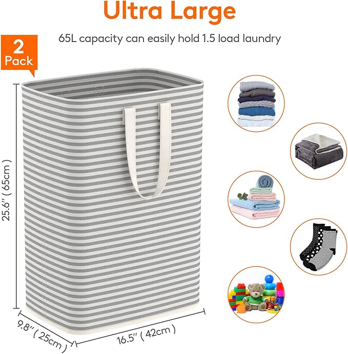 Lifewit 2 Pack Laundry Hamper Large Collapsible Laundry Baskets, Freestanding Waterproof Clothes Hamper with Easy Carry Handles in Laundry Room Bedroom Bathroom College Dorm, Grey, 2 x 65L