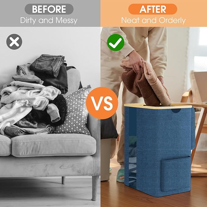 Laundry Basket Clothes Hamper with Lid and Pocket Large Collapsible Laundry Baskets with Handle, Freestanding Hampers for Bedroom Aesthetic, Dorm, Bathroom, Laundry Room (80L,Light Blue)