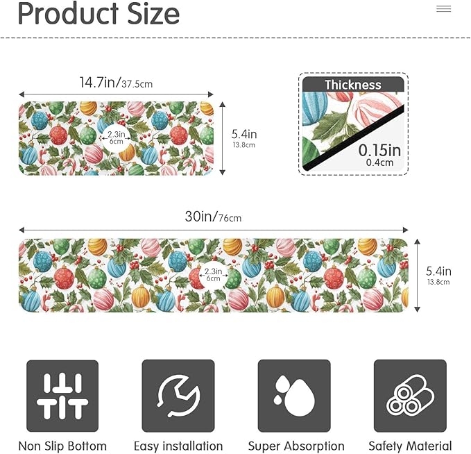 Christmas Baubles Holly Bells Sweet Kitchen Sink Splash Guard Sink Faucet Mat Faucet Handle Drip Catcher Drain Mats for Kitchen Bathroom Countertop Absorbent Dish Drying Pad 2Pack 3