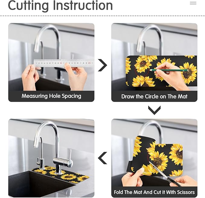 Kitchen Sink Splash Guard Sink Faucet Mat Faucet Handle Drip Catcher Drain Mats for Kitchen Bathroom Countertop Absorbent Dish Drying Mat Pad 2pack 14.7x5.4Inch Sunflowers Black